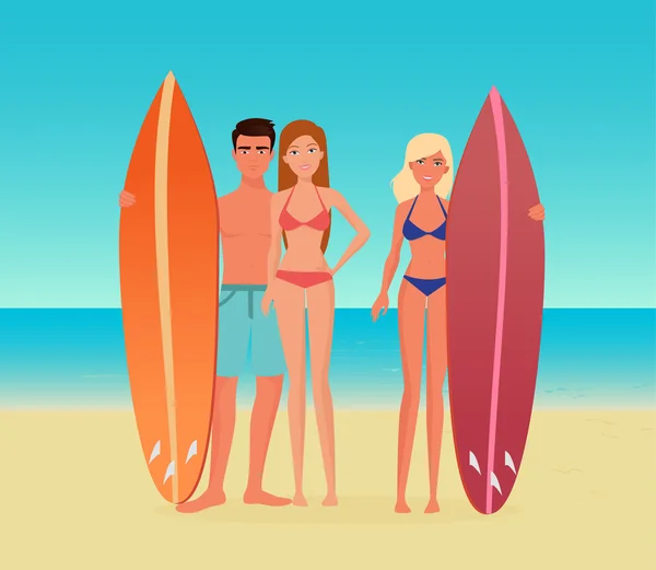 Joven grupo de personas de surf de dibujos animados. Hombre y mujer con una tabla de surf en la playa del mar . — Archivo Imágenes Vectoriales