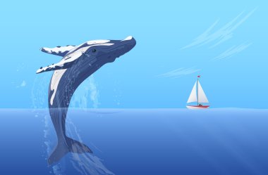 Jump humpback big huge whale near small boat ship yacht. Hidden ocean power. clipart