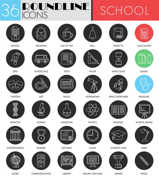 Vector School colledge círculo blanco icono negro conjunto. Diseño de iconos negros de línea moderna para web . — Vector de stock