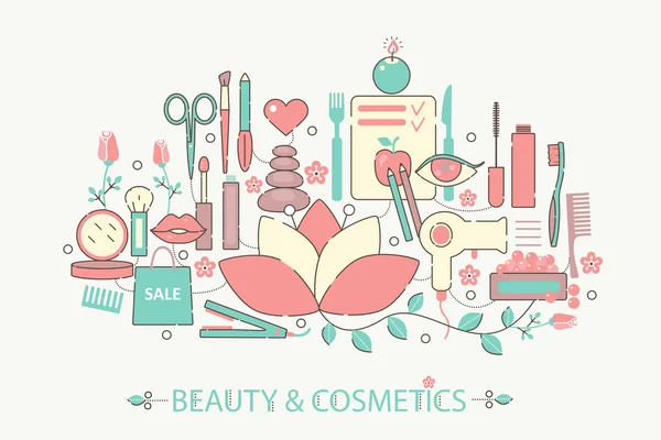 Modern graphic flat line design style infographics concept of Beauty and cosmetics with icons, for website, presentation and poster. — Stock Vector