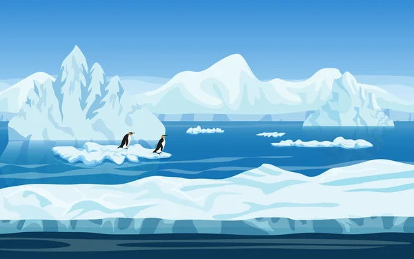 Naturaleza de dibujos animados invierno Ártico paisaje de hielo con iceberg, montañas de nieve colinas y pingüinos. Ilustración de estilo de juego vectorial. Fondo sin fisuras para juegos . — Vector de stock