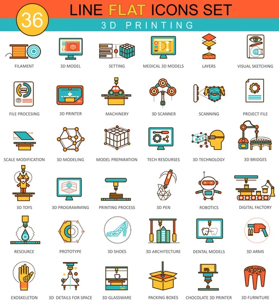 Ensemble d'icônes de ligne plate de modélisation d'impression 3D vectorielle. Design de style élégant moderne pour le web . — Image vectorielle