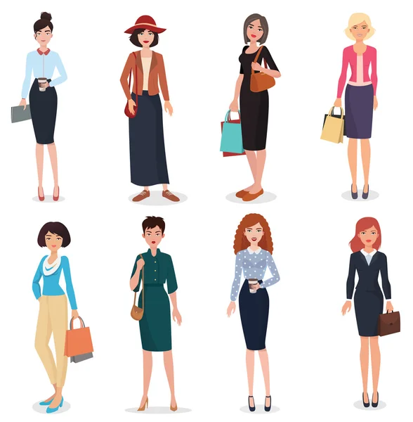 Donne adulte in ufficio affari e vestiti di moda. Bellissimo cartone animato adulti donna collezione . — Vettoriale Stock