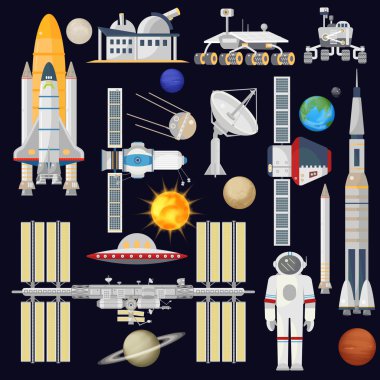 Uzay ve uzay teknolojisi endüstrisi infografik için. Astronomi simgesi. Gezegenler, Roketler, Uydular.