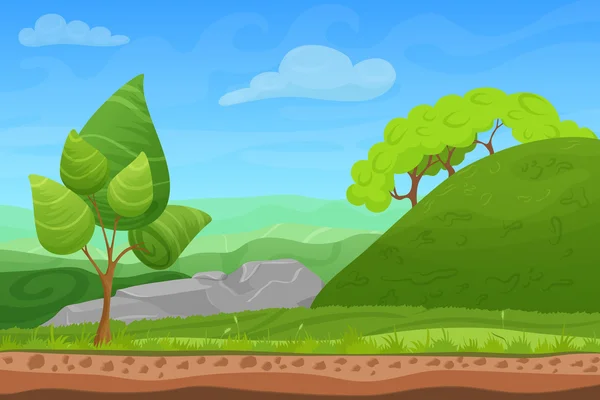 Desenhos animados cor natureza primavera verão paisagem no dia do sol com grama, árvores, céu e colinas. Vector domingo jogo estilo ilustração. Fundo para jogos . — Vetor de Stock