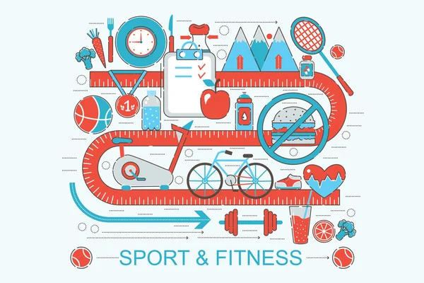 Conception moderne de ligne mince plate saine de forme physique et concept de sport pour le site Web, la présentation, le flyer et l'affiche de bannière de Web . — Image vectorielle