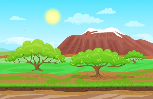 Κινούμενα σχέδια φύση άνοιξη καλοκαίρι τοπίο στην ημέρα του ήλιου με γρασίδι, δέντρα, συννεφιασμένη ουρανό και βουνά λόφους. Διανυσματική πολύχρωμη εικονογράφηση στυλ παιχνιδιού. Φόντο για παιχνίδια. — Διανυσματικό Αρχείο