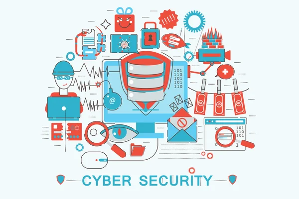 Modern grafisk platt linje design stil infographics begreppet Cyber security med ikoner, för hemsida, presentation och affisch. — Stock vektor