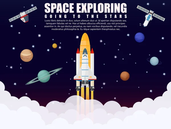 Rymdfärja Ship raket lansering utforska och forskning med realistiska satellit-och planeter koncept. Företagsstart. Vektor illustration. — Stock vektor