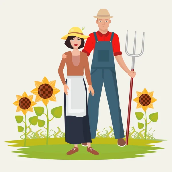 Jordbrukare par man och kvinna. Manliga och kvinnliga trädgårdsmästare. — Stock vektor