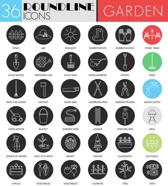 Vector herramientas de jardín círculo blanco icono negro conjunto. Diseño de iconos negros de línea moderna para web . — Vector de stock