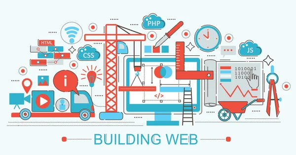 Modern Flat thin Line design Concetto di avanzamento della costruzione di siti Web per siti Web di banner web, presentazione, volantino e poster . — Vettoriale Stock
