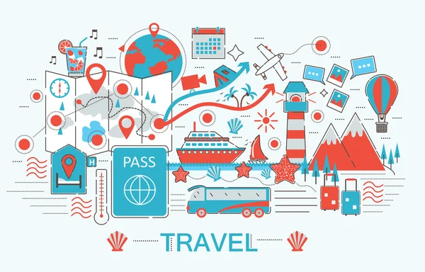 आधुनिक फ्लैट पतली रेखा डिजाइन वेब बैनर वेबसाइट, प्रस्तुति, फ्लायर और पोस्टर के लिए यात्रा दलाली अवधारणा . — स्टॉक वेक्टर