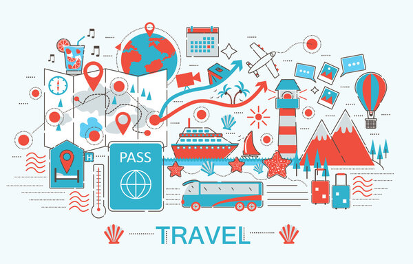 Современный дизайн плоской тонкой линии Туризм концепция для веб-баннера сайт, презентация, флаер и плакат
.