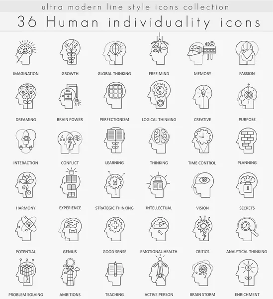 Vector Personalidad de la mentalidad humana y características de individualidad iconos contorno ultra moderno para la web y aplicaciones . — Vector de stock