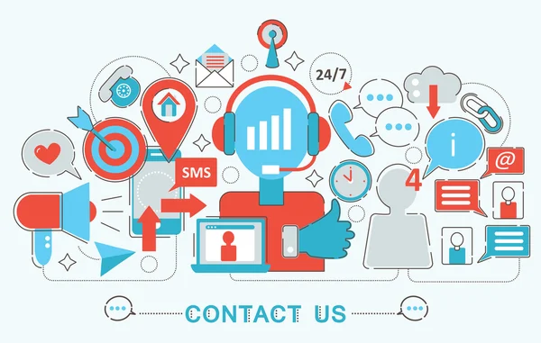 Modern ince çizgili Tema iletişim bize destek kavramı web banner Web sitesi, sunum, el ilanı ve poster için düz.