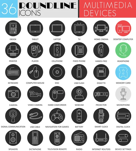 Vector Dispositivos multimedia círculo blanco icono negro conjunto. Diseño de iconos negros de línea moderna para web . — Vector de stock