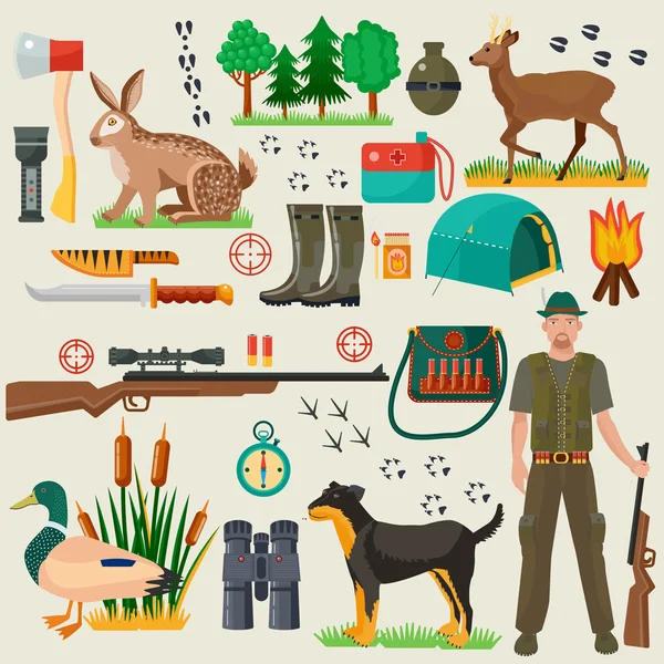 Hunter hombre turístico herramientas masculinas y equipo cosas conjunto. Dibujos animados plana cazadores de caza colección de iconos . — Vector de stock