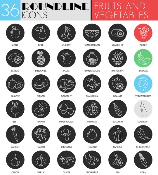 Vektorfrüchte und Gemüse Kreis weiß schwarz Symbol-Set. modernes line black icon design für web. — Stockvektor
