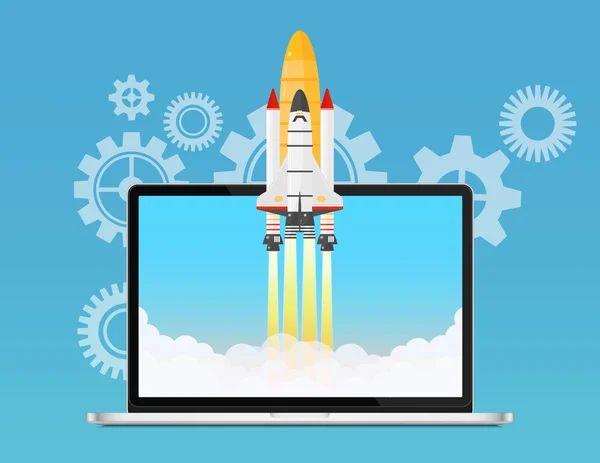 Concetto di avvio e sviluppo web. Lancio dello Space Rocket Shuttle che vola fuori dal portatile. Iniziare un'idea creativa . — Vettoriale Stock