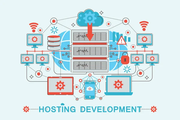 Moderno diseño gráfico de línea plana estilo infografía concepto de Hosting desarrollo con iconos, para sitio web, presentación y póster . — Vector de stock