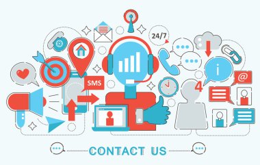 Modern ince çizgili Tema iletişim bize destek kavramı web banner Web sitesi, sunum, el ilanı ve poster için düz.