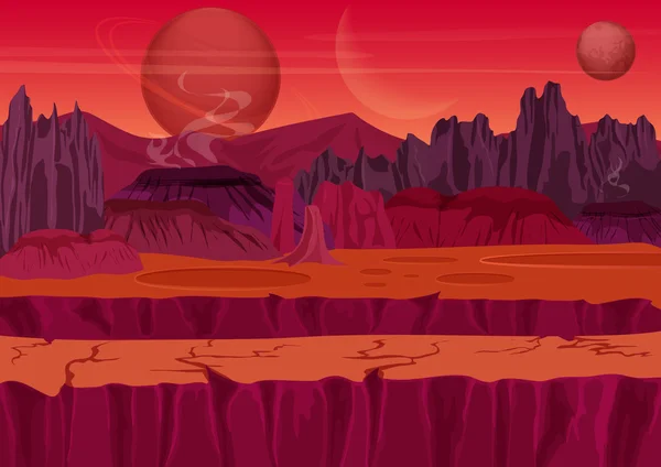 Jogo de fadas Sci-fi Alien Landscape. Natureza em outro planeta com montanhas, rochas e planetas no céu. UI paisagem de jogos . —  Vetores de Stock
