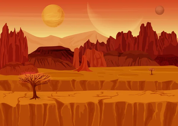 Feenspiel Sci-Fi Red Mars Alien-Landschaft. Natur auf einem anderen Planeten mit Bergen, Felsen und Planeten am Himmel. ui Spiellandschaft. — Stockvektor