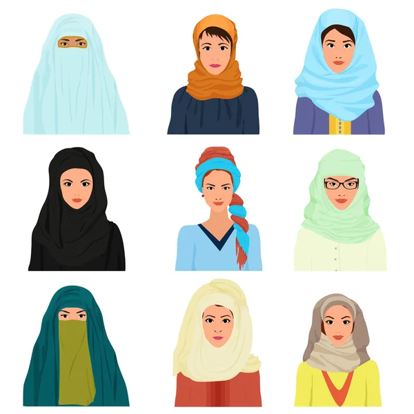 벡터 아라비아 어 아랍어 이슬람 여성 캐릭터 얼굴 아바타 에 다른 옷과 헤어 스타일. — 스톡 벡터