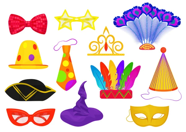 Masquerade karneváli tematikus party attribútumok lapos tárgyak meg. — Stock Vector