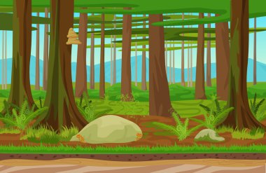 Cartoon classic forest woods landscape with trees, grass and stones. Mountains hills on the background. Landscape for game. clipart