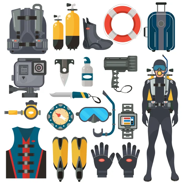 Potápění zařízení příslušenství kolekce. Potápěč muž v podvodní neopren. Potápění a plavání sport. — Stockový vektor