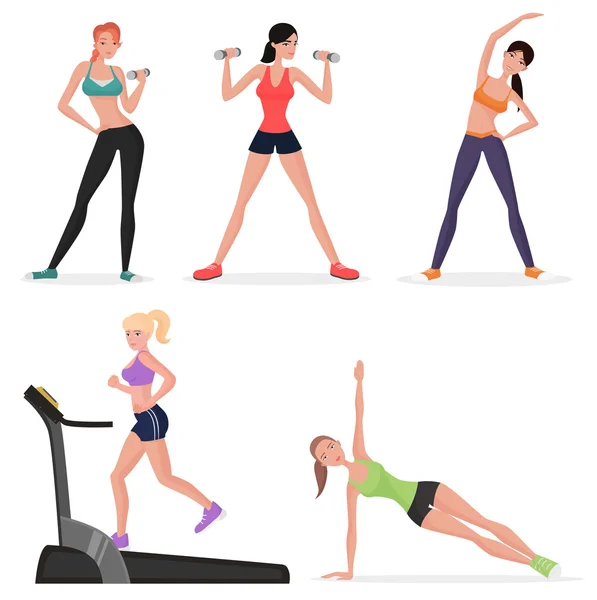Σετ γυμναστικής γυναικεία θηλυκό στο γυμναστήριο. Υγιεινός τρόπος ζωής κορίτσια κάνουν ασκήσεις της γιόγκα και γυμναστική. Cardio προπόνηση. — Διανυσματικό Αρχείο