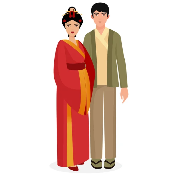 Japansk familj. Japan man och kvinna par i traditionella nationella kläder. — Stock vektor