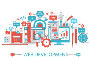 Web banner web sitesi, sunum, el ilanı ve poster için Modern Düz ince Line tasarım Web geliştirme konsepti.