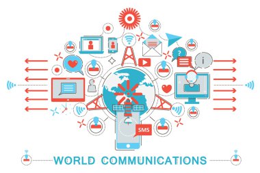 Web banner web sitesi, sunum, el ilanı ve poster için Modern Düz ince Line tasarım Dünya iletişim konsepti.