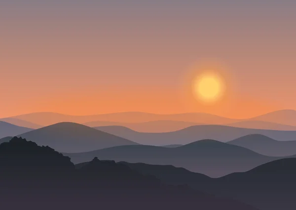 Paysage de montagne dessin animé au coucher du soleil. Contexte Loisirs de plein air illustration de concept. — Image vectorielle