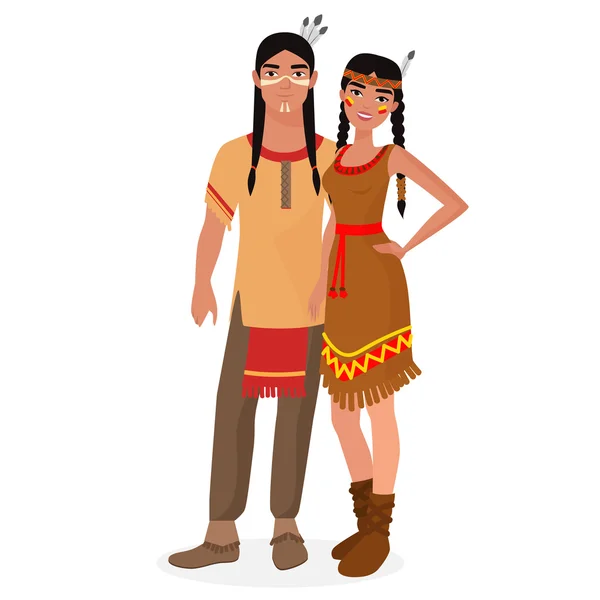 Native American Indian family. American Indians man and woman couple in traditional national clothes. — Stock Vector