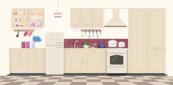 Interior de cozinha vintage clássico moderno com móveis e dispositivos de cozinha. Desenhos animados design realista de cozinha . —  Vetores de Stock