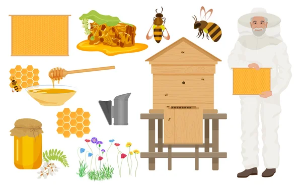 Bijenteelt kleur icons set. Man beekeer in speciale uniform kostuum. Bee huis en honing, bloemen met Bee, honingraat. — Stockvector