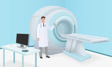 Doktor hastayı Mri makinesinin vücut beyin taramasına davet ediyor. Mr taraması ve teşhis işlemi işlem odasında. Gerçekçi vektör.