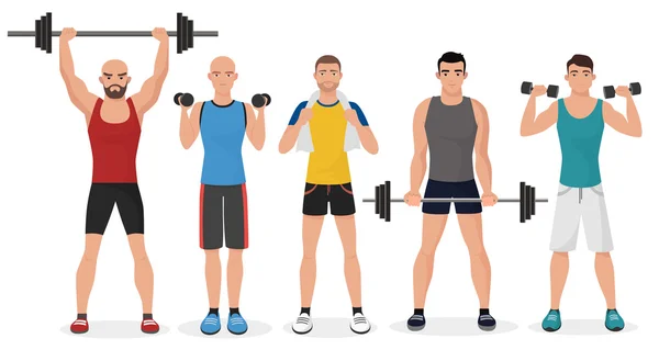 Fitness men male in gym set. Healthy lifestyle guys make exercises and gymnastics with barbells and dumbbells. — Stock Vector