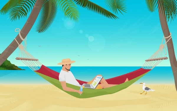 Geschäftsmann, der in der Hängematte am Strand sitzt und mit seinem Laptop arbeitet. Der beste Ort zum Arbeiten. — Stockvektor