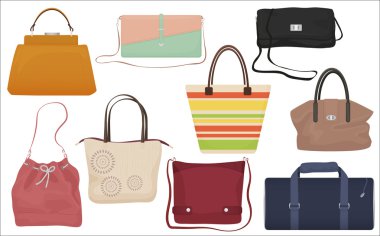 Kadın moda çantası koleksiyonu. Sıradan kadın el çantası öndeki izole simgeler ayarlandı.