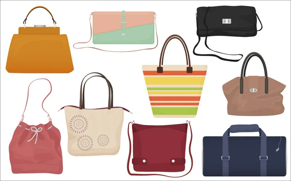Damenmode Taschen Kollektion. Lässige weibliche Handtasche vorne isoliert Symbole Set. — Stockvektor