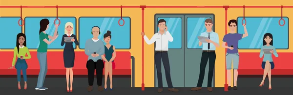 Personnes utilisant des téléphones intelligents dans le métro train transports en commun . — Image vectorielle
