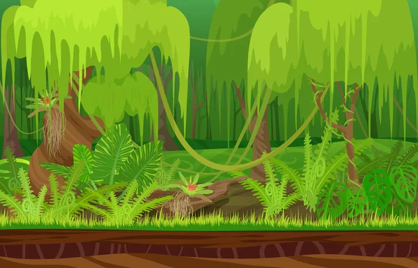 Κινούμενα σχέδια χρώμα φύση τροπικό βροχή δάσος ζούγκλα τοπίο στην ημέρα του ήλιου με γρασίδι, δέντρα με Λιάνα. Απεικόνιση στυλ διανυσματικών παιχνιδιών. Φόντο για παιχνίδια. — Διανυσματικό Αρχείο