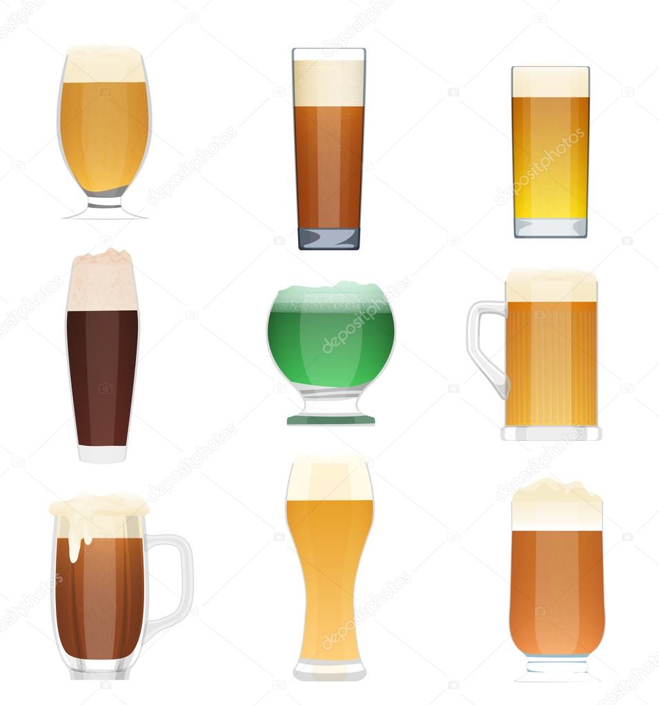 Different kind of beer collection set. Beer vector bottle icons, beer glass cups. Oktoberfest beer Holidays.