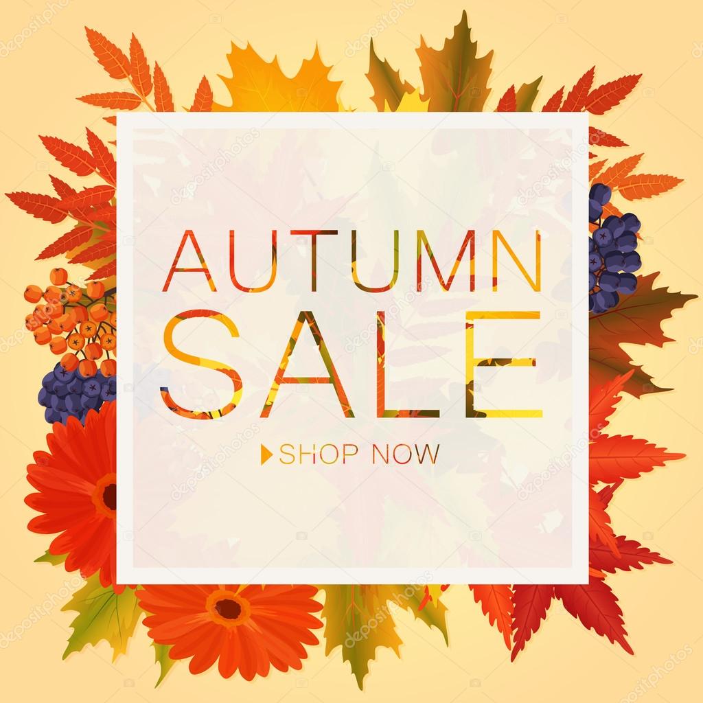 Autumn sale discount banner. Poster with golden orange foliage leaves.