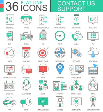Vektör bize ulaşın destek modern renkli düz çizgi anahat simgeleri uygulamalar ve web tasarımı için.